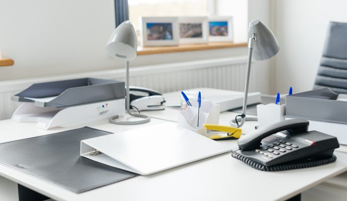 close up of white dudley based office desk